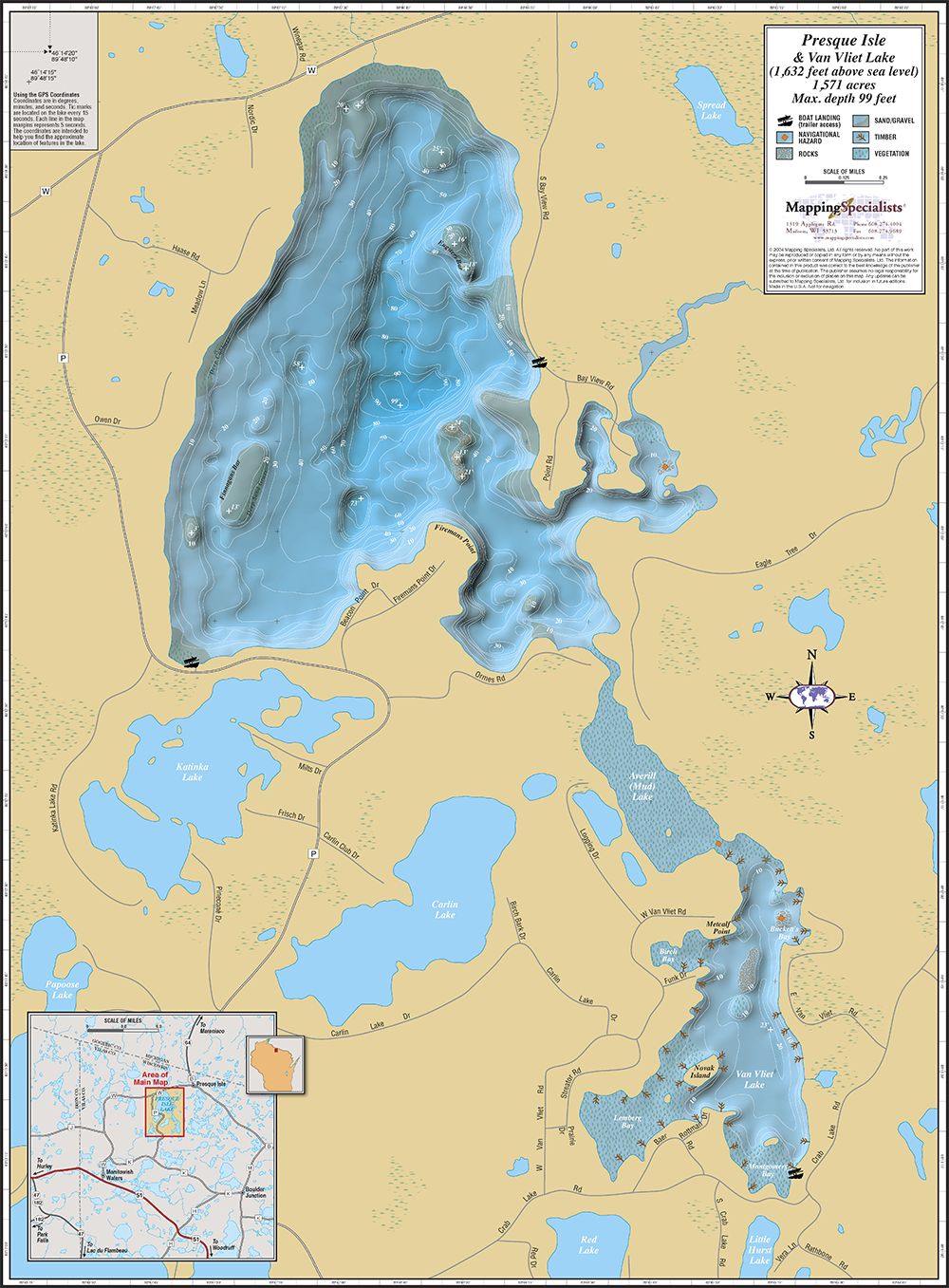 Presque Isle And Van Vliet Lake Wall Map