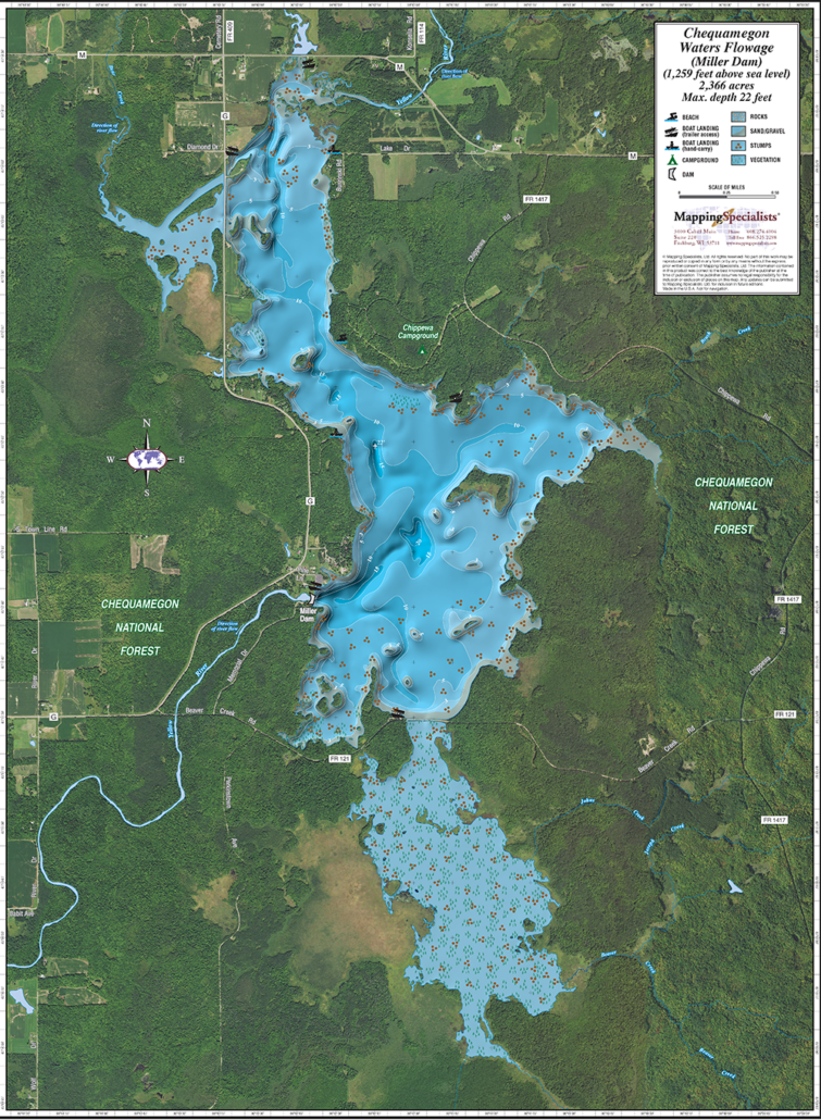 Chequamegon Waters Flowage Miller Dam Enhanced Wall Map Mapping